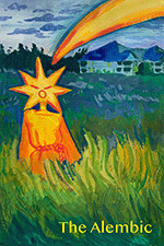 Illustrated cover of The Alembic featuring a glowing yellow-orange figure with a star-shaped face standing in tall green grass beneath a sweeping comet-like arc across a blue landscape, with the title “The Alembic” in yellow at the bottom.