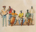 <em>Alabês - Tocadores de Atabaques do Candomblé/Nanquim e Aquarela (aguada) sobre Papel - 48 X 66 cm - Sem data Alabês - Candonblé Musicians - Ink and Watercolor (Gouache) on Paper - Undated</em>