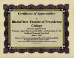 Certificate of Appreciation to Blackfriars Theatre of Providence College by Marsha Weiss, RN, MS