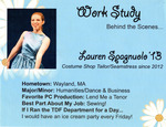 Work Study Behind the Scenes: Lauren Spagnuolo '13 Flyer by Department of Theatre, Dance & Film