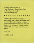Memo from the Blackfriars Theatre Box Office to Theatre Faculty & Staff